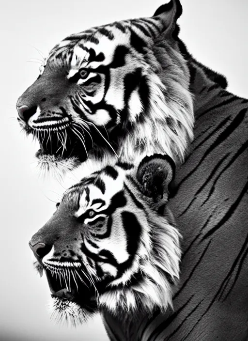 Image similar to two tigers black and white portrait white sky in background