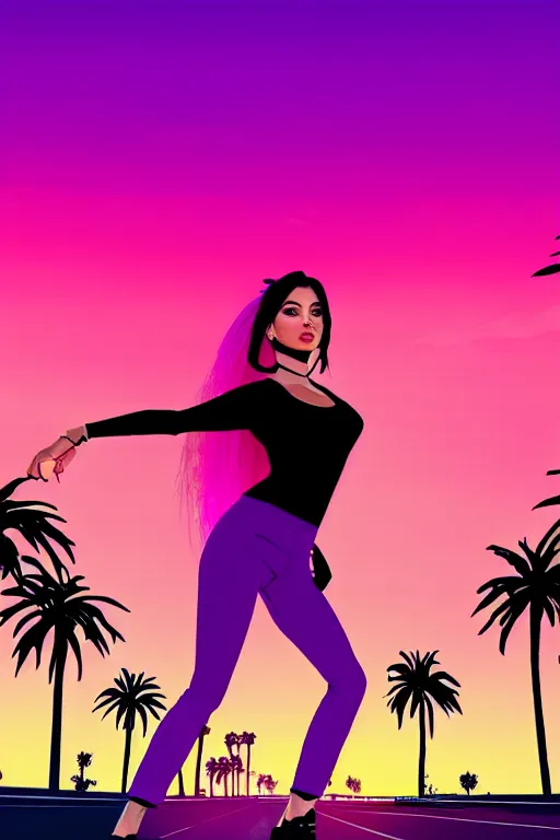 Image similar to a beautiful dancing woman with ombre purple pink hairstyle in a stunning GTA V loading screen, hair blowing in the wind, sunset mood, outrun, vaporware, retro, digital art, trending on artstation