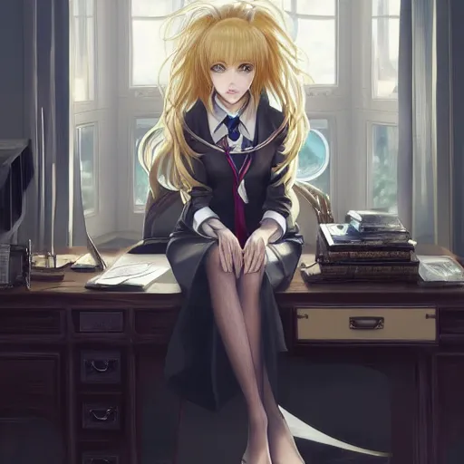 Image similar to blonde anime woman with long hair, wearing headmistress uniform, sophisticated young woman, ultraterrestrial woman, sitting in dean's office, ornate designs on desk, sharp details, subsurface scattering, intricate details, art by artgerm, greg rutkowski, hd wallpaper, 2 0 1 9 anime screenshot