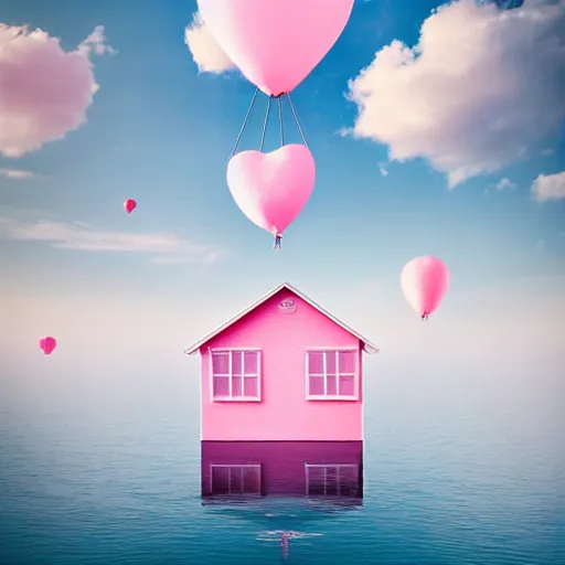 Image similar to dream a 5 0 mm lens photograph of a cute pink floating modern house, floating in the air between clouds, inspired by the movie up, held up from above by heart ballons. mist, playful composition canon, nikon, award winning, photo of the year