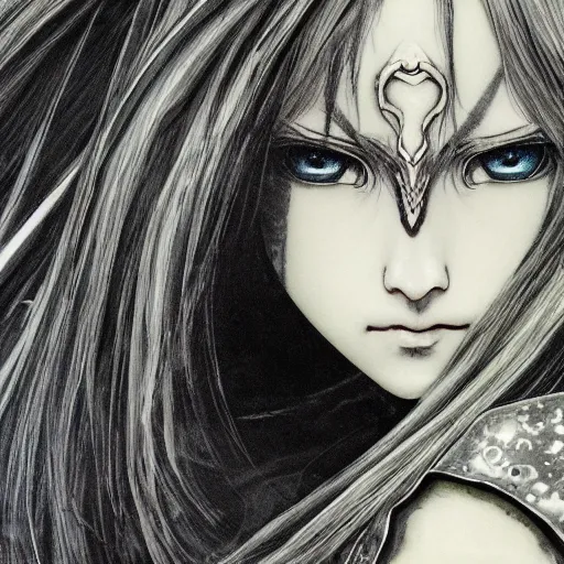 Image similar to Yoshitaka Amano realistic illustration of an anime girl with black eyes, wavy white hair fluttering in the wind and cracks on her face wearing elden ring armor with engraving, abstract black and white patterns on the background, noisy film grain effect, highly detailed, Renaissance oil painting, weird camera angle, blurred lost edges, three quarter view