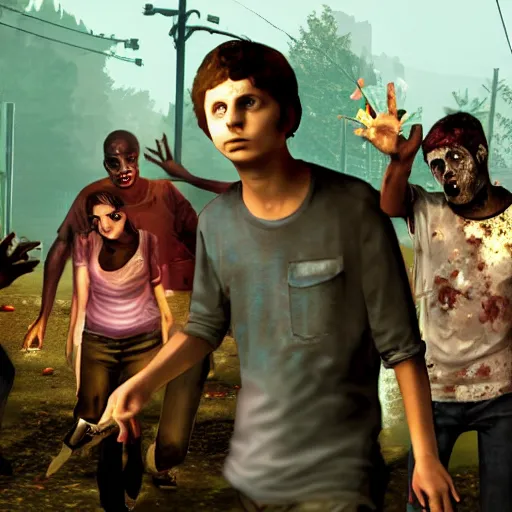 Image similar to michael cera in left 4 dead 2, hd screenshot, group photo, zombies in background