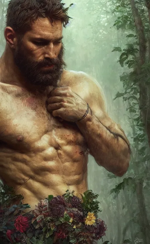 Prompt: god of the forest, 3 0 years old, rugged, handsome, male, detailed face, clean lines, atmospheric lighting, amazing, full body, flowers, muscular, intricate, highly detailed, digital painting, artstation, concept art, sharp focus, illustration, art by greg rutkowski and alphonse mucha