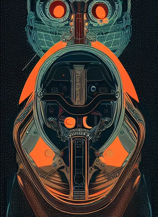 Prompt: retro vintage sci - fi, dark 2 d matte gouache illustration, ornate, detailed, majestic, 4 k, symmetrical portrait