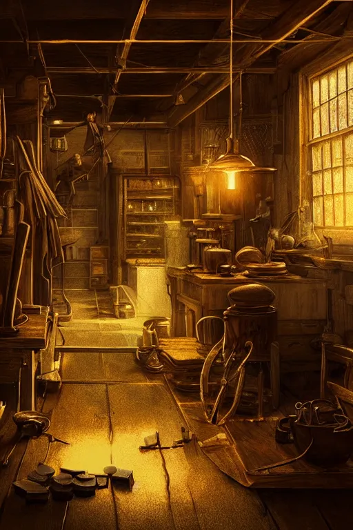 Prompt: a glowing gold coin on the anvil, blacksmith's shop interior, cinematic lighting. digital art by WLOP, highly detailed, illustration.