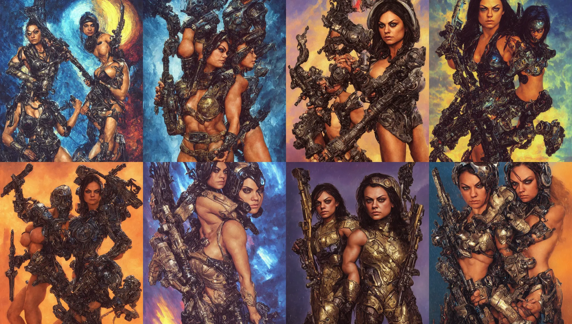 Prompt: bodybuilder mila kunis closeup portrait of a beautiful biblical diabolical girl holding a large cyber rifle, visor, neon armor, golden hour, gerald brom, mikhail vrubel, peter elson, bright warm colors, extreme detail, light rain, trending on artstation, 8 k