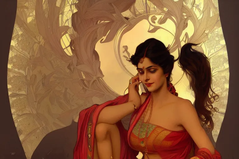 Image similar to sensual pale beautiful indian doctor in jeans, art deco portrait, elegant, intricate, digital painting, artstation, concept art, smooth, sharp focus, illustration, art by artgerm and greg rutkowski and alphonse mucha