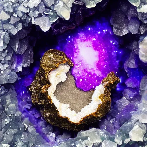 Prompt: Cracked open geode with crystals that depicts an intergalactic multiverse, insanely detailed , prizewinning , hyper-realistic , 4K ,