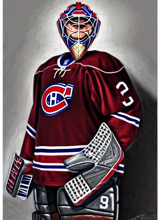 Prompt: portrait of supreme goaltender patrick roy, habs royalty, extravagant, lord, full body equipment, military goalie uniform, 4 stanley cups, fantasy, intricate, elegant, beautiful, highly detailed, charcoal, centered, dark, smokey, digital painting, artstation, concept art, art by artgerm and greg rutkowski and alphonse mucha