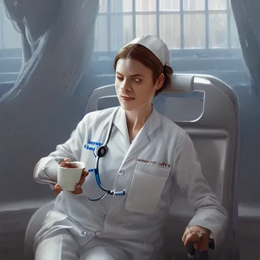 Image similar to a portrait of an nurse in a white uniform sitting and drinking coffee, Matte painting , detailed painting, greg rutkowski