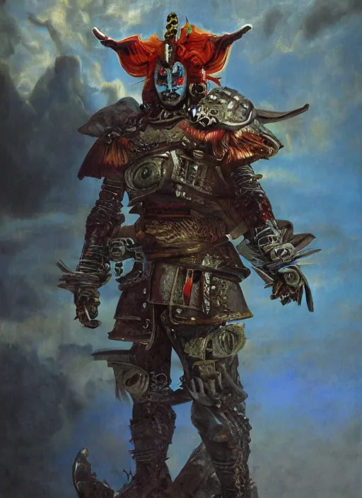 Image similar to portrait of a diabolical cyborg clown samurai, torn cape, adaptive armor, dynamic pose, heavy eyes to the side, ancient ruins, glowing veins subsurface scattering, in clouds, sunset, portrait, by gerald brom, by mikhail vrubel, by peter elson, muted colors, extreme detail, reflections, trending on artstation, 8 k