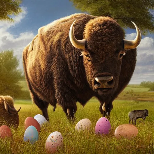 Prompt: anthropomorphic buffalo hunting easter eggs, grass, yard, oil on canvas, intricate, 8 k highly professionally detailed, hdr, cgsociety