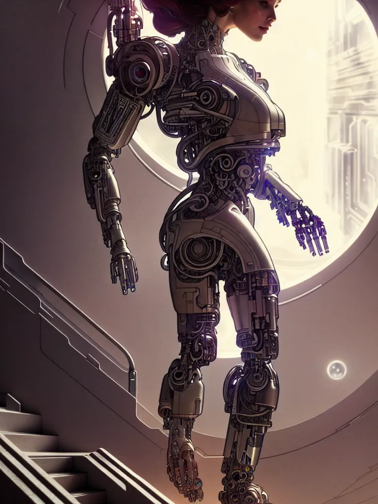 Image similar to ultra realistic, beautiful female cyborg walking down stairs, in a space metropolis, sci-fi, intricate details, eerie, highly detailed, octane render, 8k, art by artgerm and alphonse mucha and moebius