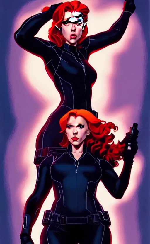 Image similar to rafeal albuquerque comic art, joshua middleton comic art, artgerm, cinematics lighting, night time, pretty scarlett johansson black widow, big smirk, symmetrical face, symmetrical eyes, long red hair, full symmetrical body, flying in the air, jumping off rooftop