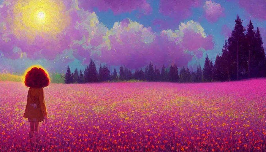 Image similar to girl with a flower face, surreal, dream, standing in flower field, hills, big trees, sunrise dramatic light, impressionist painting, colorful clouds, digital painting, pointillism, artstation, simon stalenhag