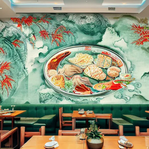 Image similar to a beautiful hyperdetailed 4 k hd wallpaper illustration interior of roasted string hotpot restaurant restaurant yan'an, wall painting, from china, with merchant logo, fine delicate structure, chinese style, victo ngai