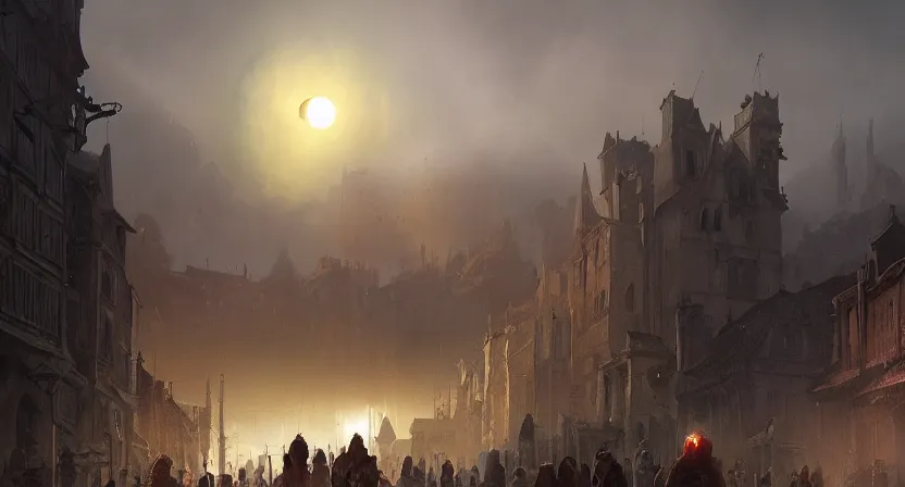 Image similar to A digital concept art painting of a medieval town in a strange alternate dimension, solar eclipse, rift in the sky, dragon, zombies, misty streets, golden hour, by Greg Rutkowski, trending on Artstation