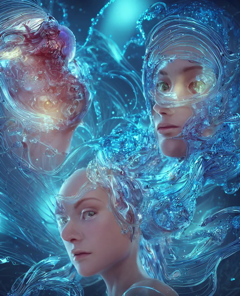 Image similar to close-up macro portrait of the face of a beautiful princess, epic angle and pose, symmetrical artwork, 3d with depth of field, blurred background, cybernetic jellyfish female face skull phoenix bird, translucent, nautilus, energy flows of water and fire. a highly detailed epic cinematic concept art CG render. made in Maya, Blender and Photoshop, octane render, excellent composition, cinematic dystopian brutalist atmosphere, dynamic dramatic cinematic lighting, aesthetic, very inspirational, arthouse. y Greg Rutkowski, Ilya Kuvshinov, WLOP, Stanley Artgerm Lau, Ruan Jia and Fenghua Zhong