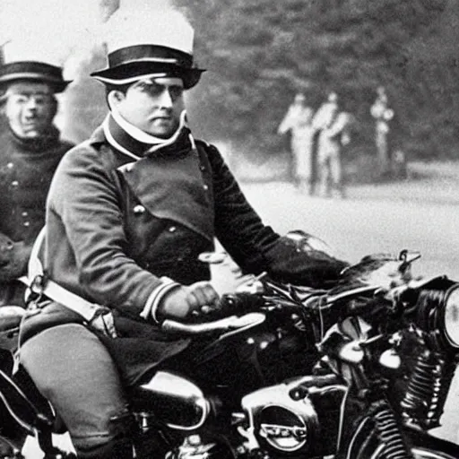 Prompt: old photo of napoleon Bonaparte driving a Harley Davidson motorcycle