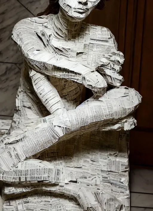 Image similar to a portrait of a beautiful young woman paper mache wrapped and made of newspaper, sitting relax and happy, marble stairs on the the background hyper realistic, 8 k,