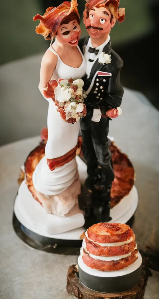 Image similar to a wedding cake made of bacon, professional food photo, bride and groom on top of the wedding cake,