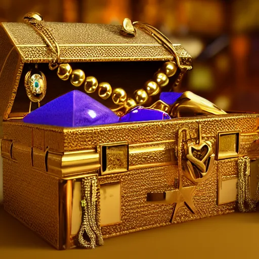 Image similar to A treasure chest filled with jewels and golden artefacts, 4k, hdri, museum quality photo