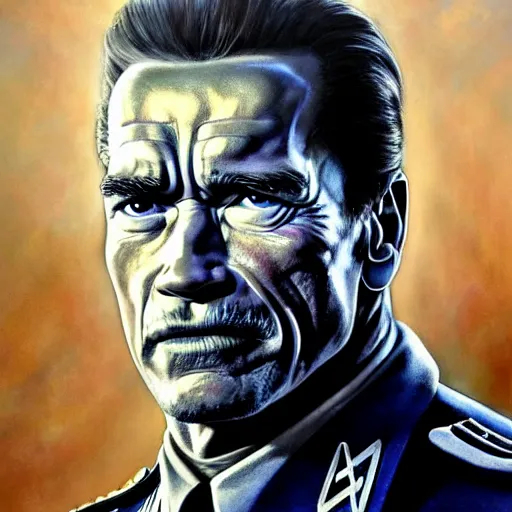 Prompt: uhd photorealistic portrait of arnold schwarzenegger in nazi uniform, by amano, ayami kojima, greg rutkowski, lisa frank, mark brooks, and karol bak, masterpiece, cinematic composition, dramatic pose, studio lighting, correct face, hyperdetailed, intricate details