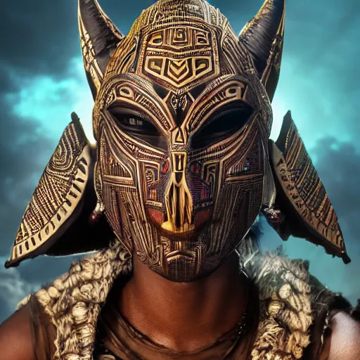 Prompt: african tribal mask in wakandan style cyberpunk, ultra realistic, concept art, intricate details, eerie, horror, highly detailed, photorealistic, octane render, 8 k, unreal engine. art by artgerm and greg rutkowski and alphonse mucha