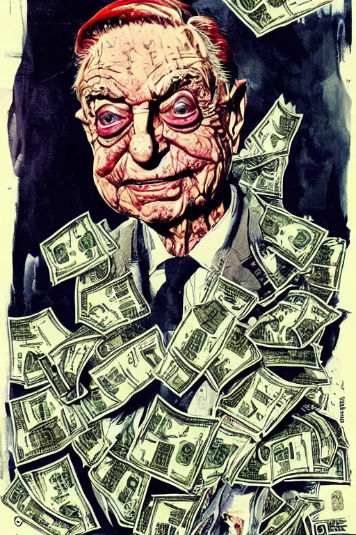 Image similar to George Soros full body shot, dollar bills Body horror, biopunk, by Ralph Steadman, Francis Bacon, Hunter S Thompson