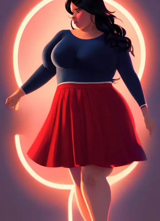 Image similar to full body portrait of teenage veronica lodge, obese, bangs, sultry, realistic, sultry smirk, wavy hair, red skirt, fat, belly, intricate, elegant, glowing lights, highly detailed, digital painting, artstation, concept art, smooth, sharp focus, illustration, art by wlop, mars ravelo and greg rutkowski