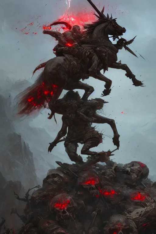 Image similar to the last warrior standing on the top of pile of skulls and dead bodies, it's raining blood from the sky, extremely detailed digital painting, in the style of fenghua zhong and ruan jia and jeremy lipking and peter mohrbacher, mystical colors, rim light, beautiful lighting, 8 k, stunning scene, raytracing, octane, trending on artstation