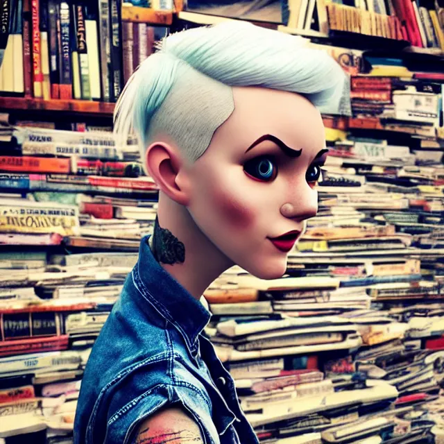 Image similar to full body pose, beautiful adult book fairy, pixar, short white hair shaved sides, dirty, grungy, grunge, long sleeve, painted overalls, stacks of giant books, highly detailed, 4 k, hdr, smooth, sharp focus, high resolution, award - winning photo, artgerm, photorealistic