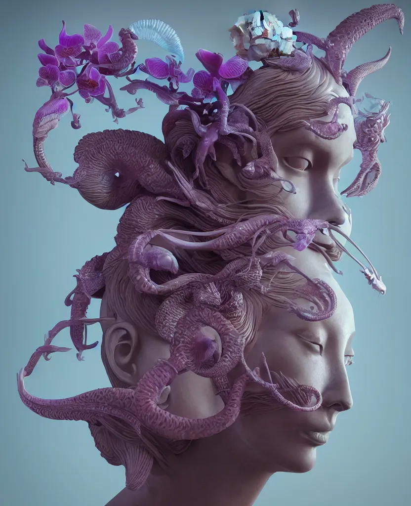 Image similar to goddess sculpture close-up portrait. orchid bird phoenix head, nautilus, skull, betta fish, bioluminiscent creatures, intricate artwork by Tooth Wu and wlop and beeple. octane render, trending on artstation, greg rutkowski very coherent symmetrical artwork. cinematic, hyper realism, high detail, octane render, 8k