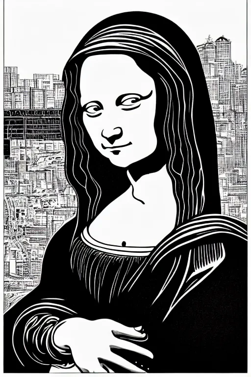 Image similar to beautiful portrait of a woman, negative no not mona lisa pose, highly detailed ink illustration of a dark alley of taipei, b & w clean shaped illustration by kim jung gi, ric estrada, ron english and eiichiro oda