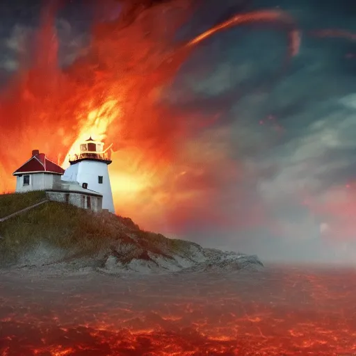 Prompt: a lighthouse in hell. 4 k dannated people. fire. light. cinematic. rule of thirds. realistic.