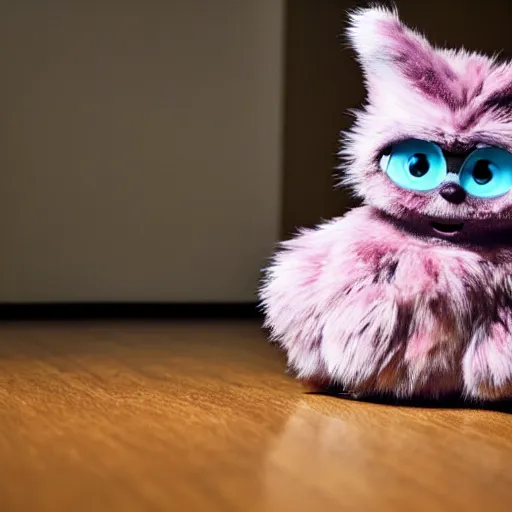 Prompt: Found footage of a dimly lit bedroom with a single furby sitting in the center of the room, staring menacingly at the camera with a bloody knife at its side.