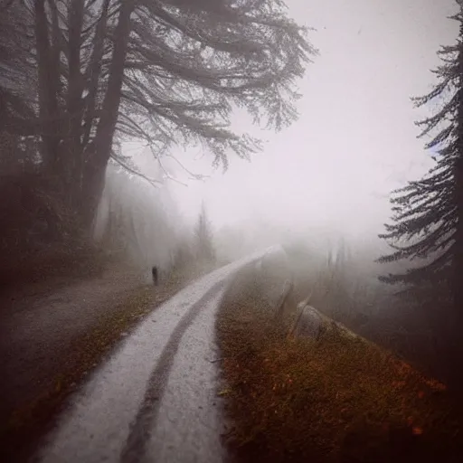 Prompt: driving through foggy austrian alps, greg rutkowski, artstation, spooky, mysterious, cinematic, the shining opening scene