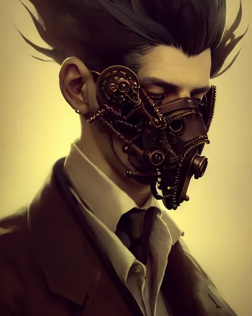 Prompt: male portrait, handsome, steampunk mask, detailed spike hair, intricate detective coat, complex 3 d render by ilya kuvshinov, peter mohrbacher, greg rutkowski, ryohei hase, dramatic lighting, intricate, highly detailed, sharp focus, luminous, unreal engine, blender, deviant art, artstation, masterpiece, ray tracing