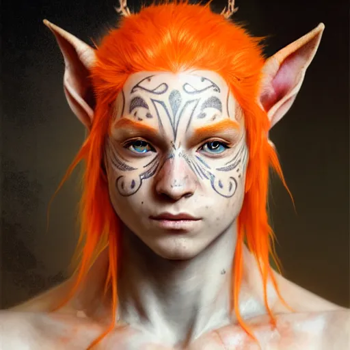 Image similar to portrait painting of very young elf with short light orange hair and tribal tattoos on his face wearing fur armor, ultra realistic, concept art, intricate details, eerie, highly detailed, photorealistic, octane render, 8 k, unreal engine. art by artgerm and greg rutkowski and charlie bowater and magali villeneuve and alphonse mucha