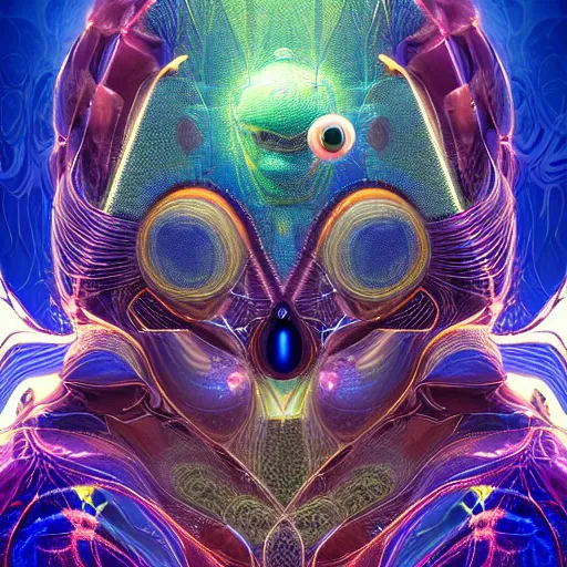 Image similar to Face of a Alien Deity, centered, corals, plume made of geometry, extremly detailed digital painting, sharp focus in the style of android jones, artwork of a futuristic artificial intelligence superstar with frames made of detailed circuits, mystical colors, rim light, beautiful lighting, 8k, stunning scene, raytracing, octane, under water visual distortion, dark tones colors, trending on artstation