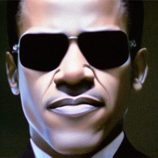 Prompt: a film still of Obama starring in The Matrix (1999), close up, portrait, shallow depth of field