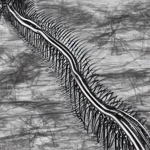 Image similar to a rollercoaster, tracks of barbed wire, birds eye view, hyperrealistic