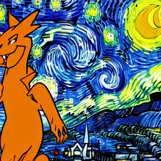 Prompt: Charizard, starry night, van gogh, oil painting