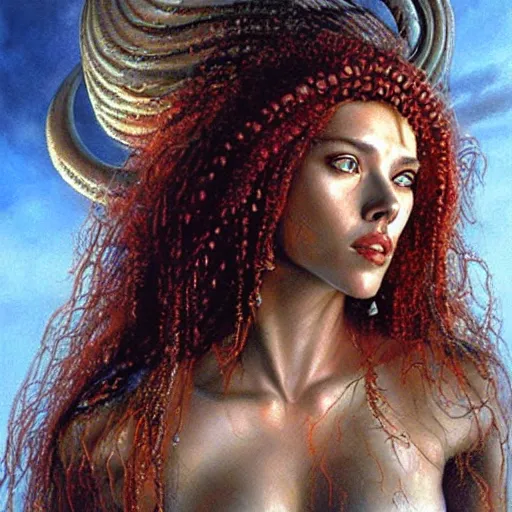 Prompt: a hyperrealistic painting of Scarlett Johanson as Medusa by Bob Eggleton,