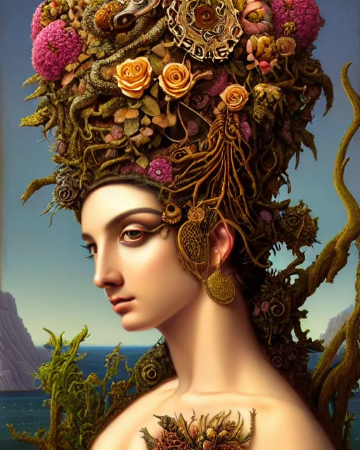 Prompt: portrait of the goddess of decay, unusual beauty, flowers and plants, emotionally evoking symbolic metaphors, head in focus, fantasy, ornamental, intricate, elegant, sensual, highly detailed digital painting, artstation, concept art, painterly, golden ratio, sharp focus, illustration, art by John William Godward and Boris Vallejo and Zdzisław Beksiński,