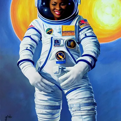 Image similar to “nigerian female astronaut on board international space station wearing space suit and translucent helmet, highly detailed, realistic, photorealistic, proportional, beauty, fish eye lens, nasa, in the style of Edward hooper oil painting sun rising”