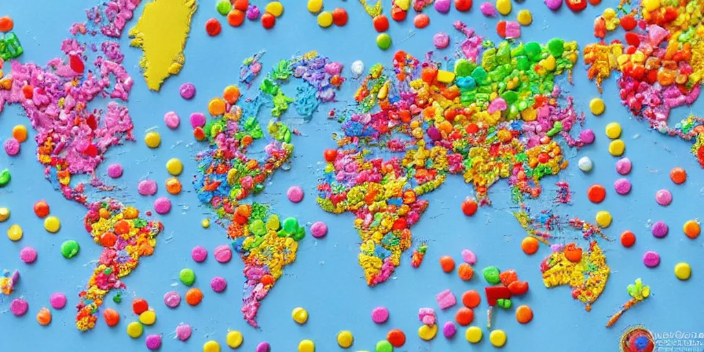 Image similar to a world map made out of candy pieces