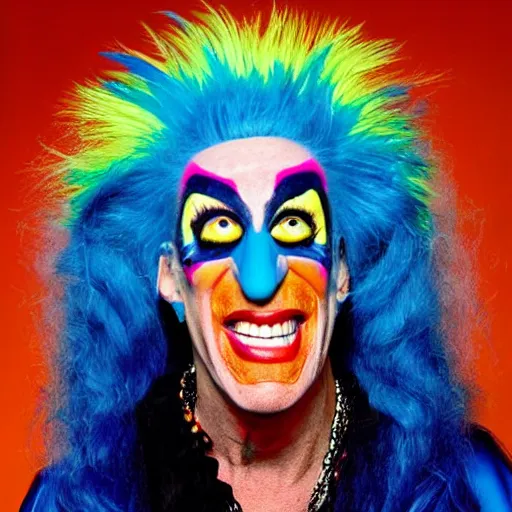 Prompt: UHD color candid photo of Dee Snider dressed as cosmic Freakazoid, accurate face, vivid colors, UHD photorealistic correct face photo by Annie Leibowitz