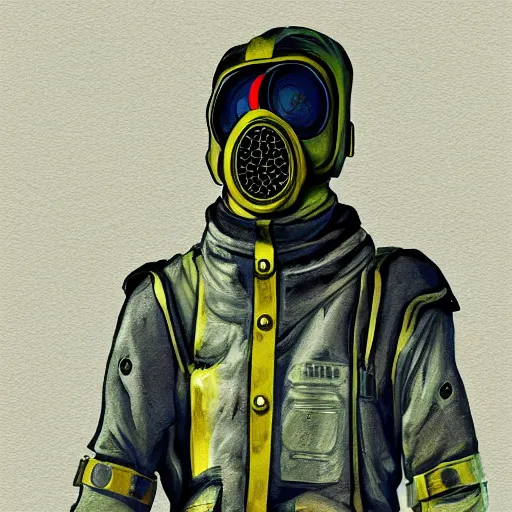 Image similar to teenager wearing a futuristic boiler suit and gas mask, stylised!!! painting, highly detailed, digital art, trending on art station, aesthetic