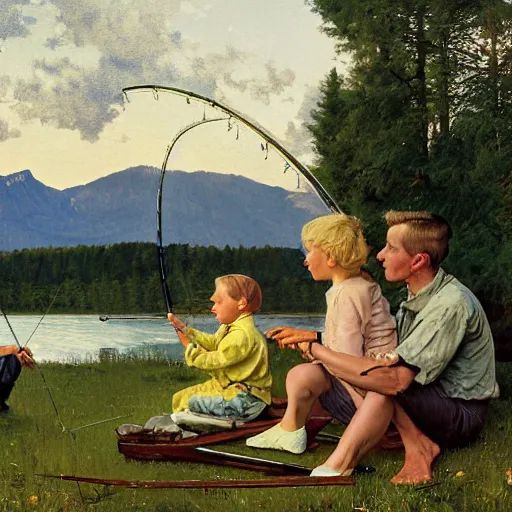 Prompt: painting of a blonde boy with blue eyes and his mother and father, fishing next to a high lake in Switzerland, forest, tent, golden hour, by Norman Rockwell,